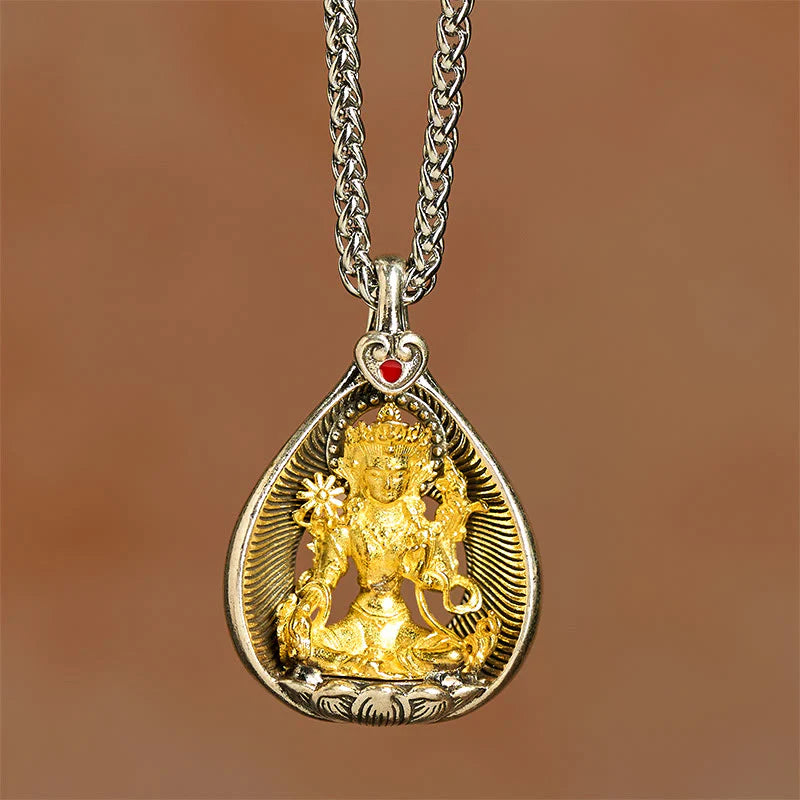 Buddha Stones Green Tara Shakyamuni Buddha Copper Plated Silver Curb Chain Luck Pendant Necklace