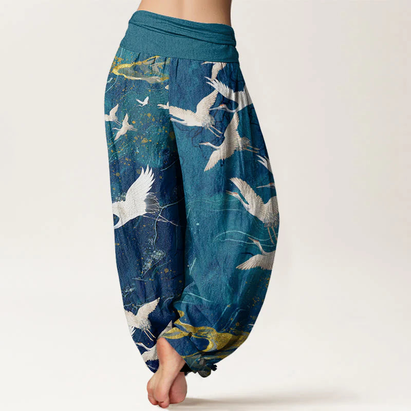 Buddha Stones Cotton Flying White Cranes Auspicious Clouds Design Women's Elastic Waist Harem Pants