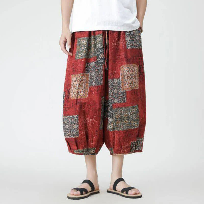 Buddha Stones Summer Square Patchwork Elephant Mandala Geometry Cotton Linen Men's 7-8 Length Pants With Pockets