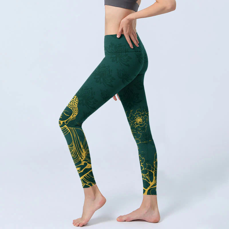 Buddha Stones Lotus Buddha Image Pattern Print Gym Leggings Women's Yoga Pants
