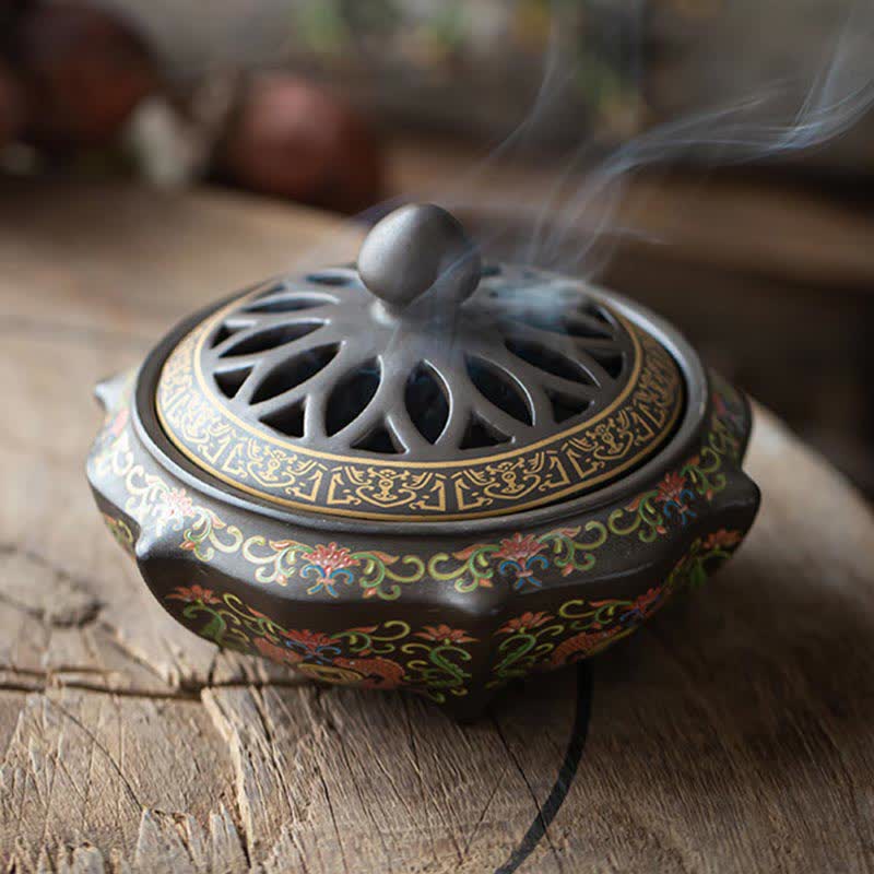 Buddha Stones Tibetan Floral Pattern Ceramic Blessing Incense Burner Decoration (Extra 35% Off | USE CODE: FS35)