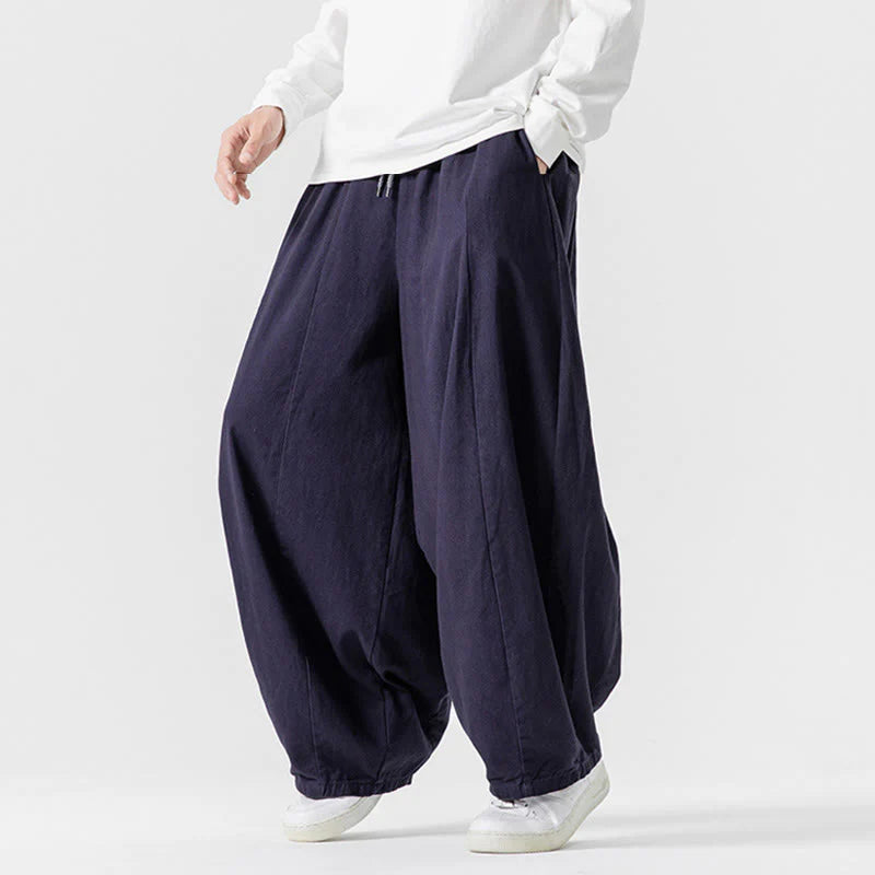 Buddha Stones Winter Commute Plain Drawstring Design Men's Wide Leg Cotton Pants With Pockets