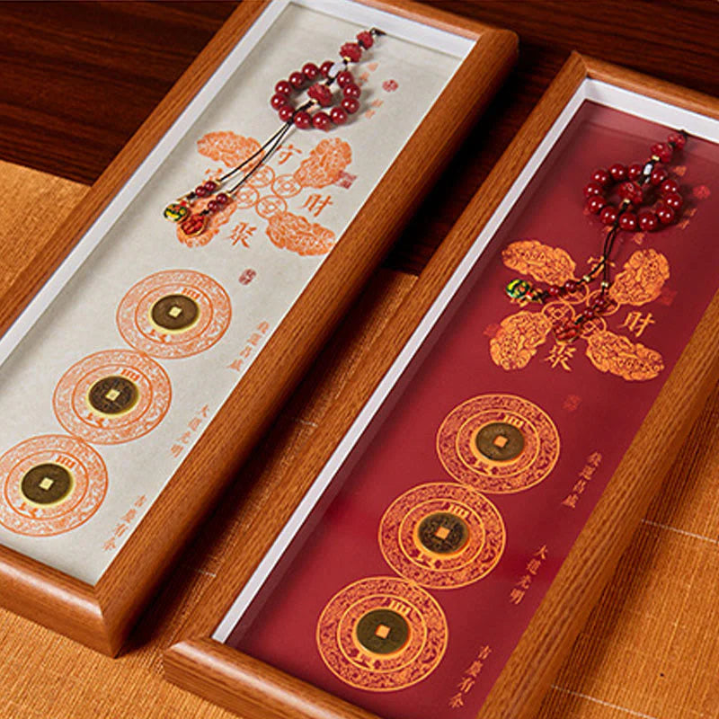 Buddha Stones Copper Coins Cinnabar Attract Fortune Blessing Photo Frame Ornament Home Decor