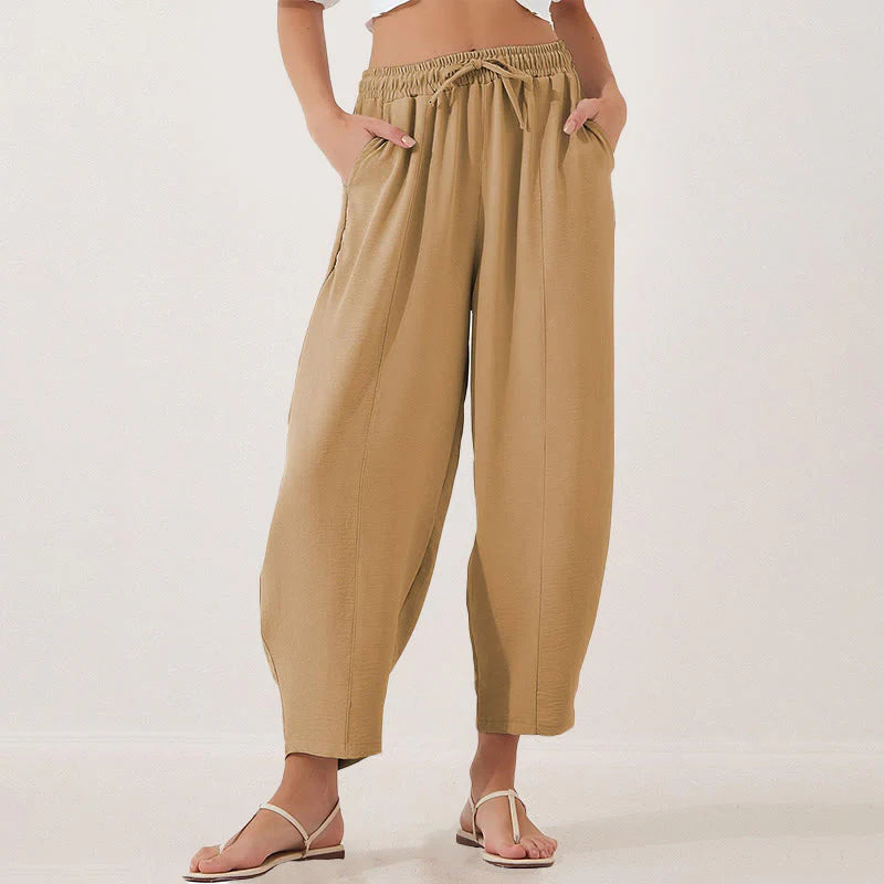 Buddha Stones Casual Plain Loose Drawstring Women's Polyester 7/8 Length Pants  With Pockets