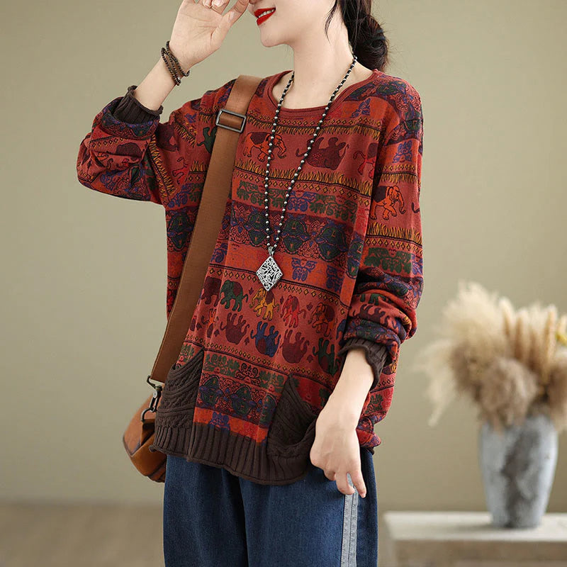 Buddha Stones Fall Elephant Pattern Knitted Cotton Women's Long Sleeve Sweater With Pockets