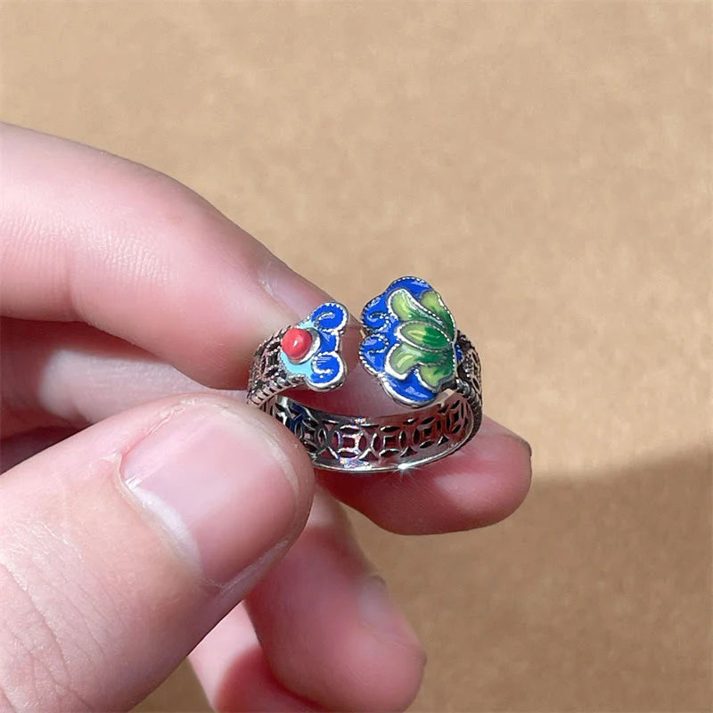 Buddha Stones Lotus Flower Copper Coins Ruyi Handle Pattern Enlightenment Adjustable Ring