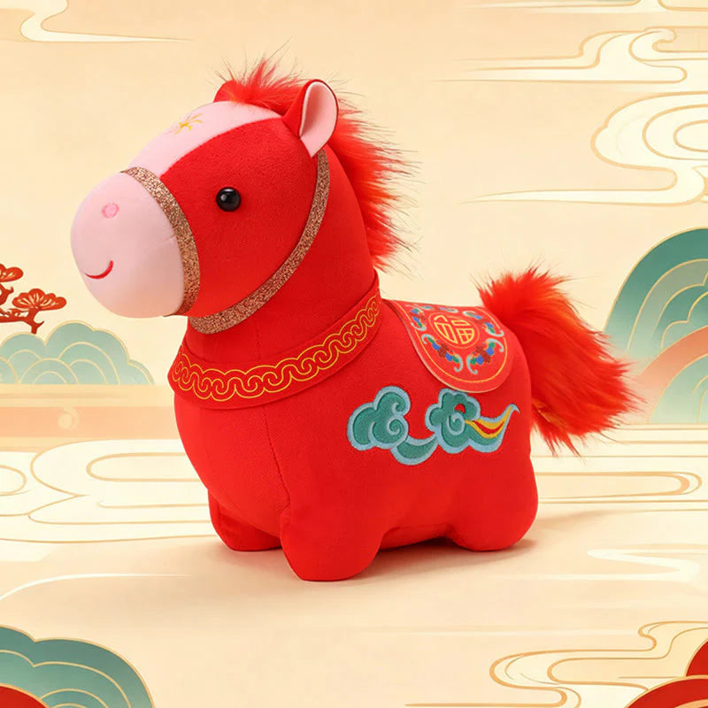 Buddha Stones Year Of The Horse Auspicious Cloud Pattern Stuffed Red Pony Plush Doll Home Decoration