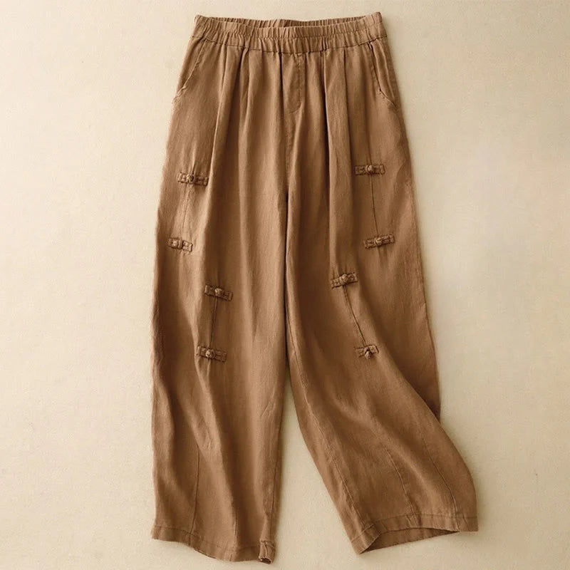 Buddha Stones Casual Plain Frog-Button Design 7-8 Length Cotton Linen Women's Harem Pants With Pockets