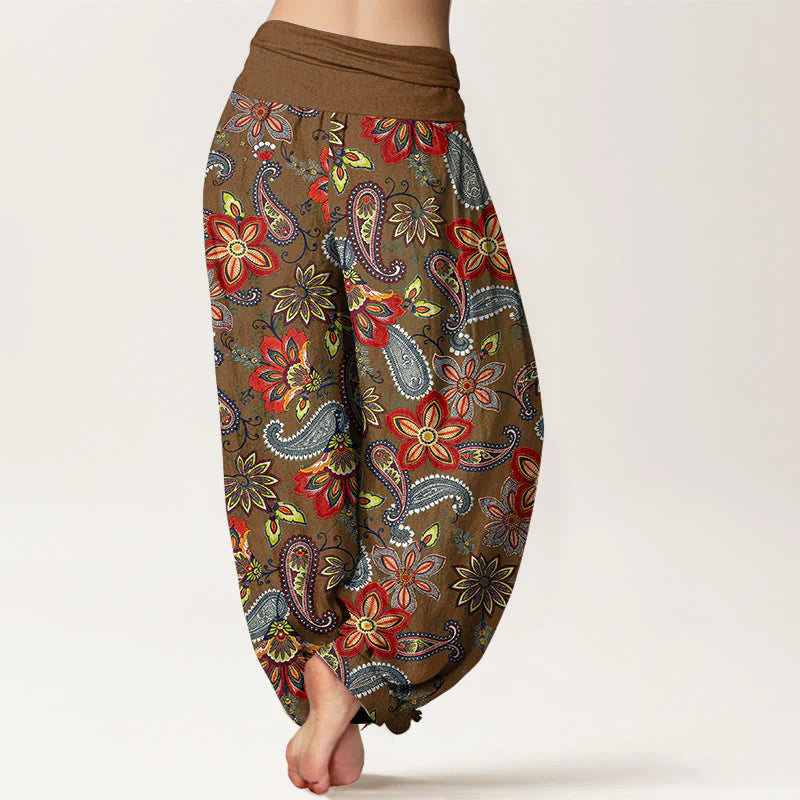 Buddha Stones Women's Elastic Waist Paisley Floral Pattern Pure Cotton Harem Pants