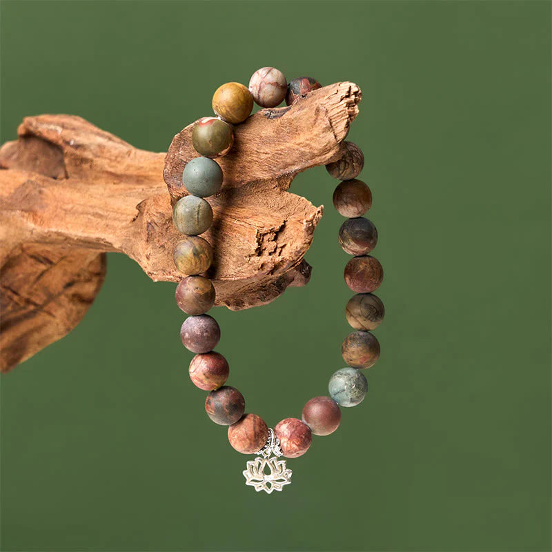 Buddha Stones 925 Sterling Silver Lotus Design Picasso Jasper Positive Bracelet