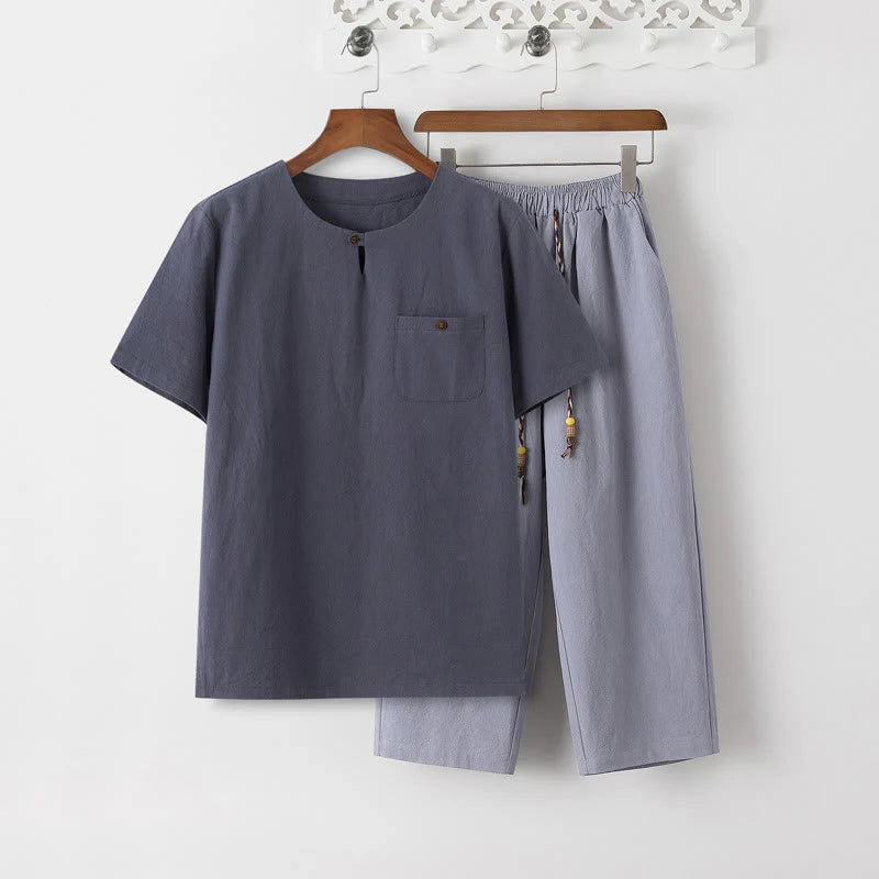 Buddha Stones Summer 2Pcs Plain Short Sleeve T-Shirt 7-8 Length Pants Cotton Linen Tang Suit Men's Meditation Cloth Set With Pockets