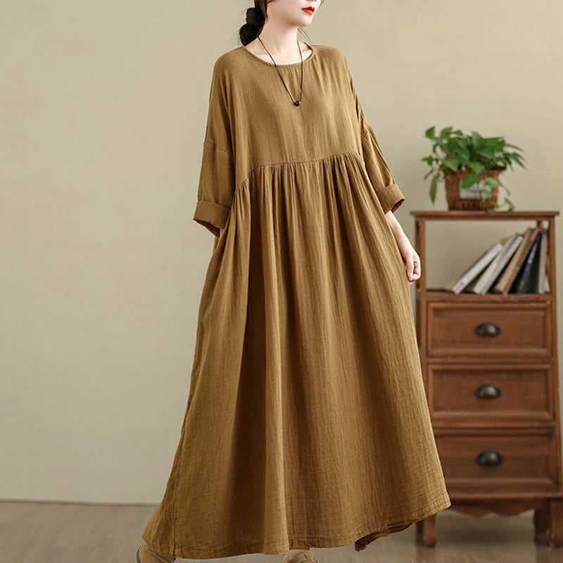 Buddha Stones Commute Pure Color Long Sleeve Cotton Linen Midi Dress With Pockets