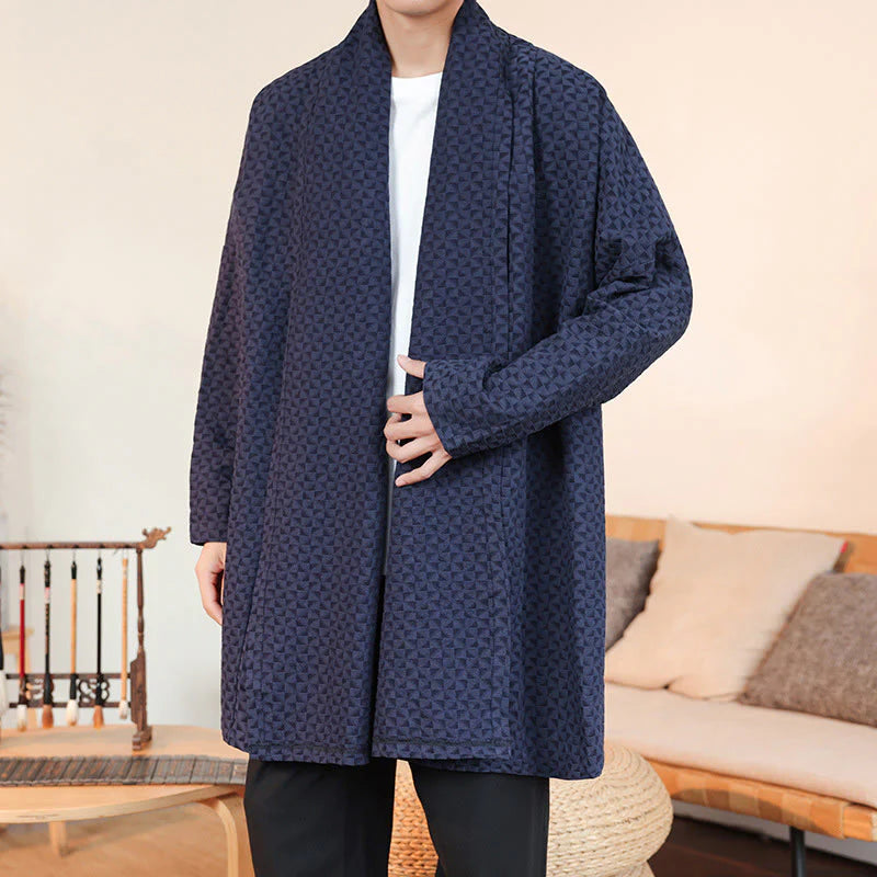 Buddha Stones Winter Jacquard Simple Design Men's Cotton Long Sleeve Kimono