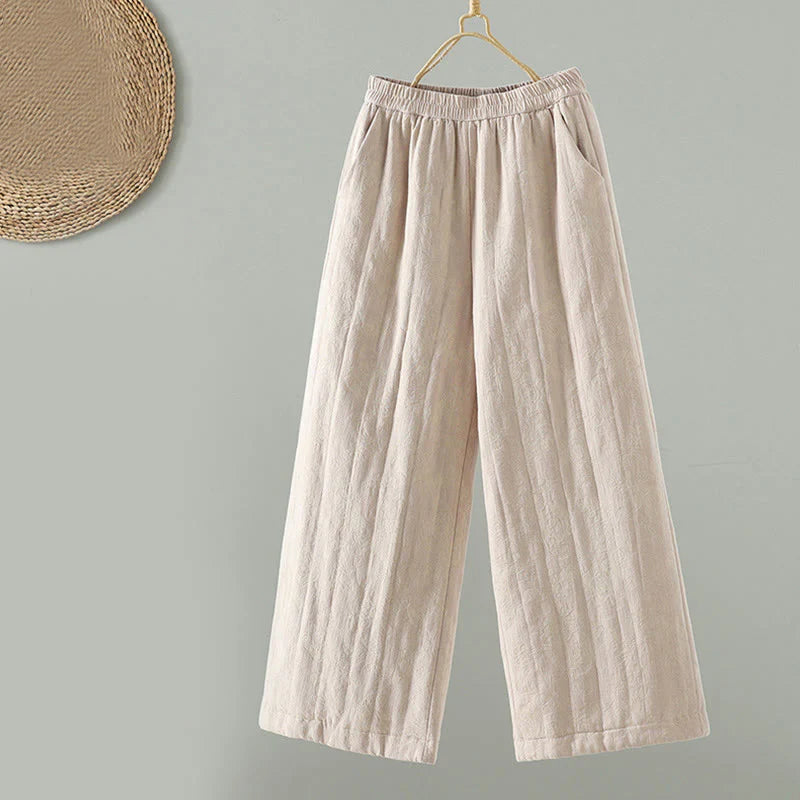 Buddha Stones Jacquard Cotton-padded Women's Wide Leg Thermal Ankle-Length Pants With Pockets