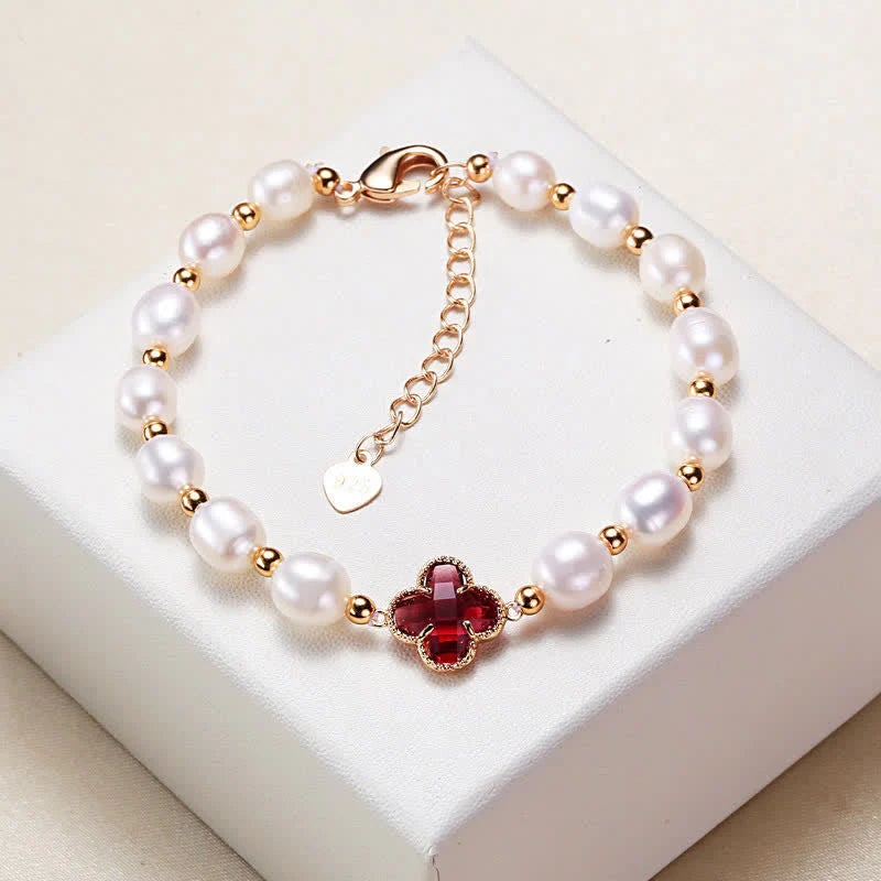 Buddha Stones Pearl Four Leaf Clover Wealth Chain Bracelet