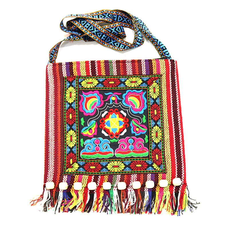 Buddha Stones Tibetan Handmade Embroidered Camellia Canvas Shoulder Bag Crossbody Bag