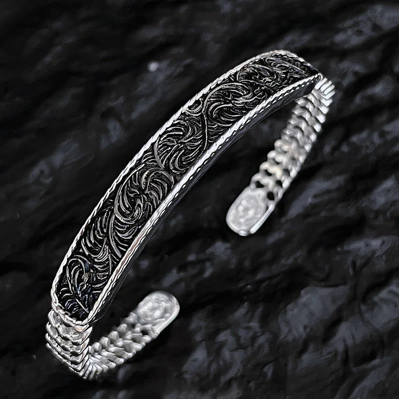 Buddha Stones Tang Dynasty Flower Design Engraved Copper Luck Cuff Bracelet Bangle Adjustable Ring