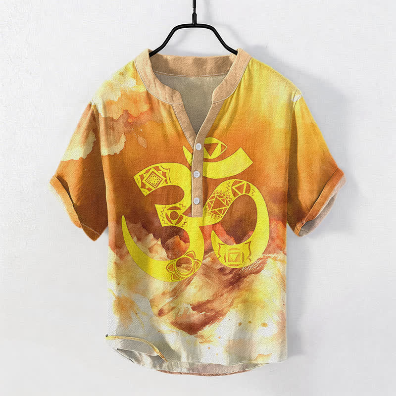 Buddha Stones Cotton Om Chakra Emblem Men's Short Sleeve Half Button Shirt