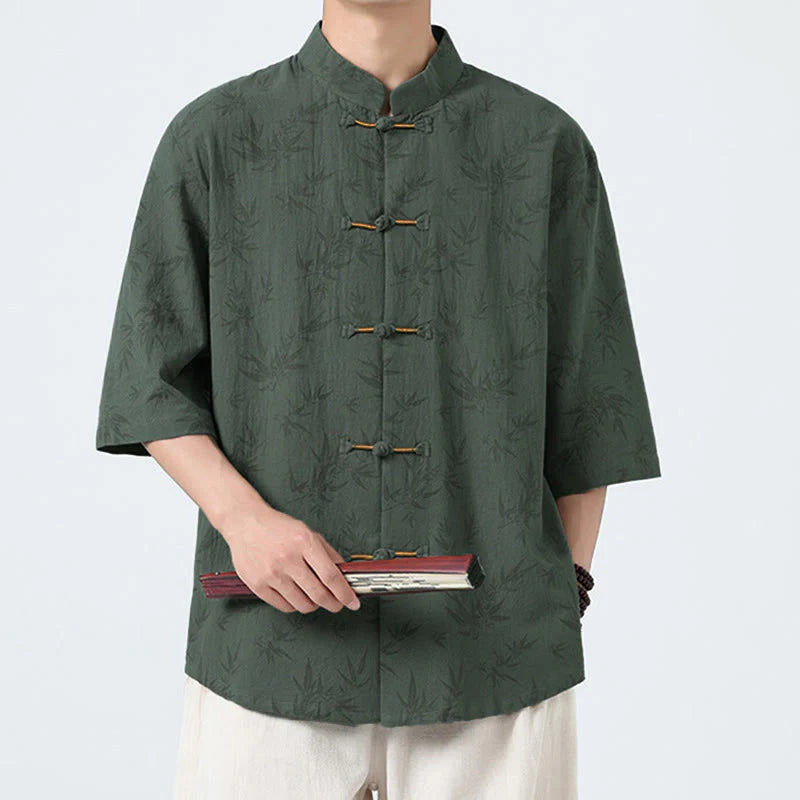 Buddha Stones Summer Bamboo Leaves Pattern Chinese Frog-Button Cotton Linen Short Sleeve Men's Shirt