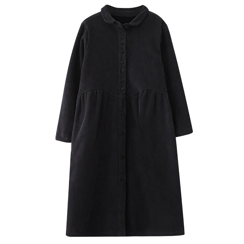 Buddha Stones Plain Buttons Long Sleeve Women's Cotton Corduroy Fleece-Lined Coat With Pockets