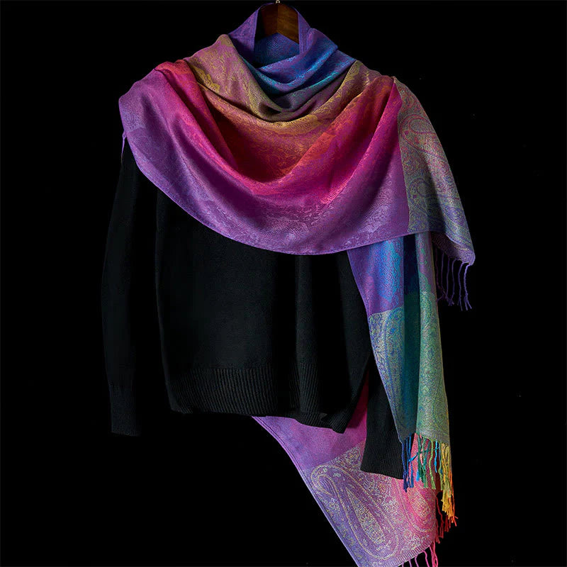 Buddha Stones Spring Colorful Gradient Cashew Flower Pattern Tassel Cozy Scarf Shawl