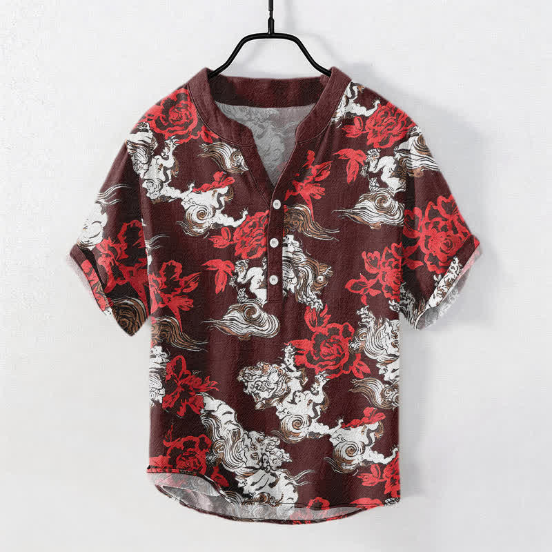 Buddha Stones Cotton Red Floral Cloud Print Henley Men's Short Sleeve Half Button Shirt