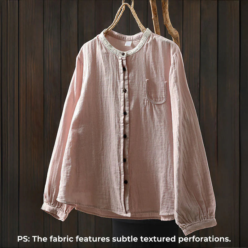 Buddha Stones Spring Fall Lace Collar Button Down Long Sleeve Women's Cotton Shirt