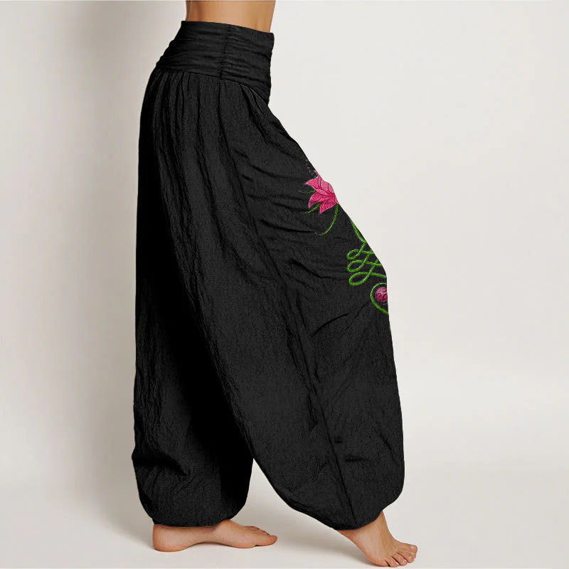 Buddha Stones Pure Cotton Strong Color Contrast Lotus Flower Pattern Women's Elastic Waist Harem Pants