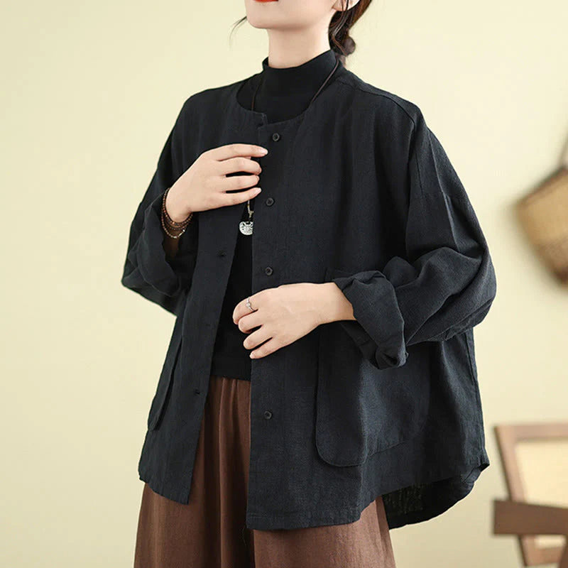 Buddha Stones Women's Long Sleeve Crew Neck Cotton Jacket With Pockets