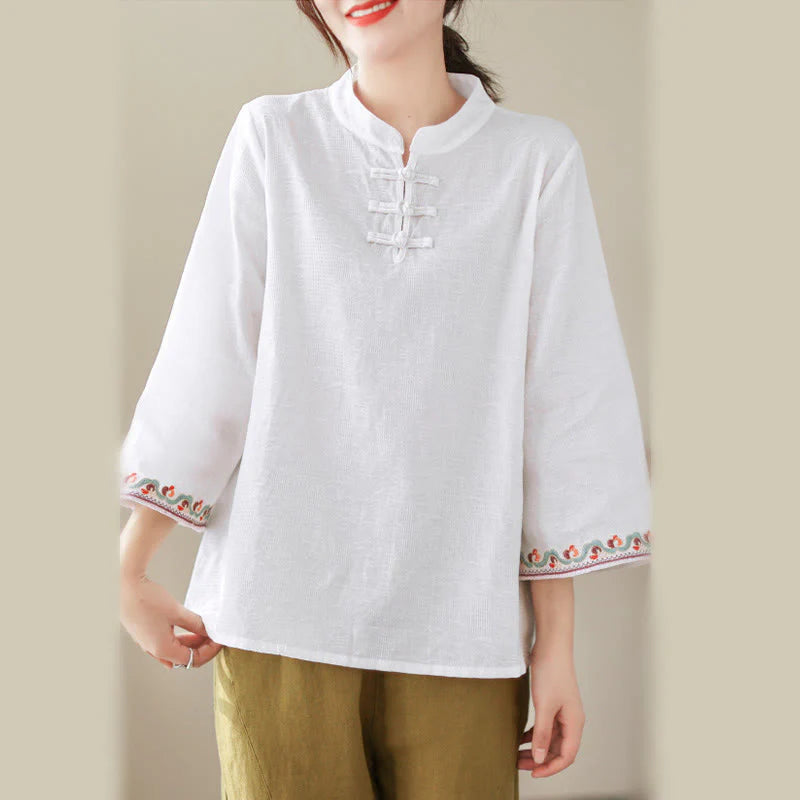 Buddha Stones Jacquard Frog-button Stand Collar Embroidered Three Quarter Sleeve Design Women's Cotton Shirt