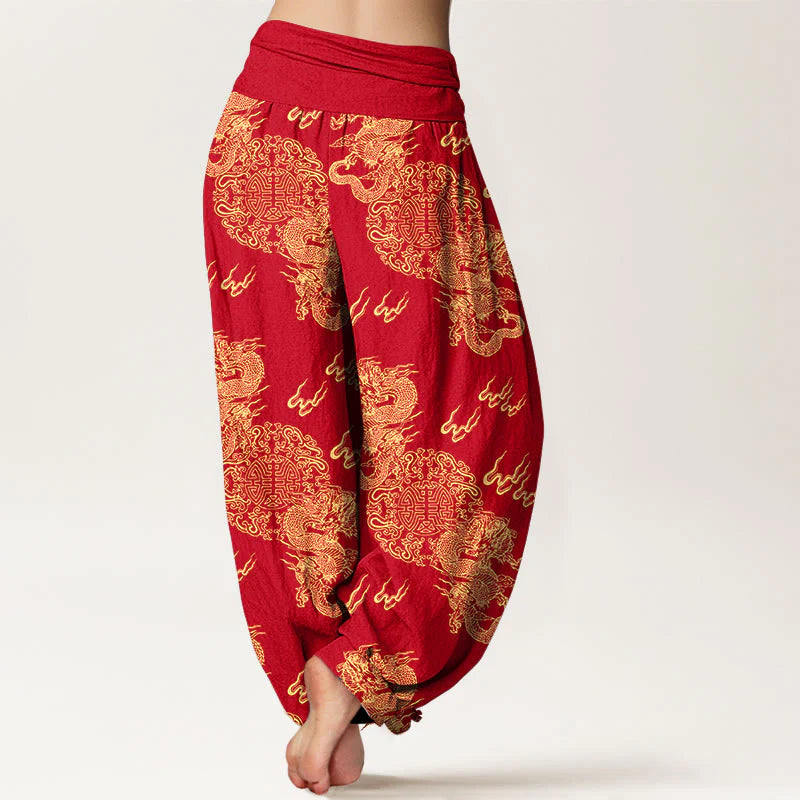 Buddha Stones Pure Cotton Double Dragon Cloud Pattern Women's Elastic Waist Harem Pants