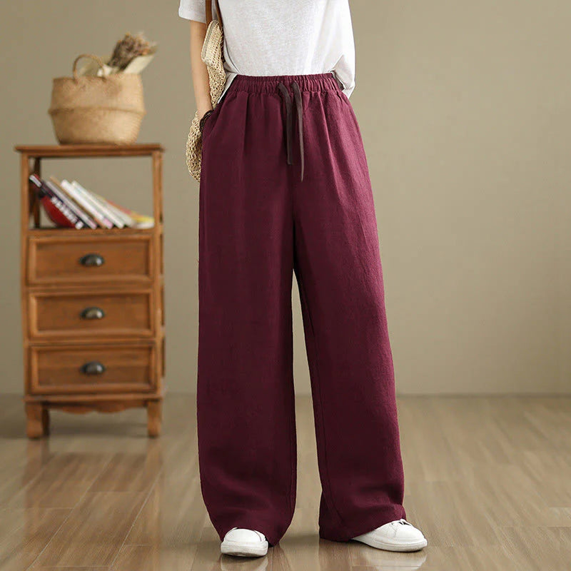 Buddha Stones Commute Retro Solid Color Women's Harem Drawstring Cotton Pants With Pockets