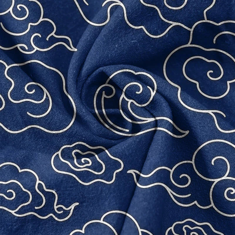 Buddha Stones Pure Cotton Casual Auspicious Cloud Pattern Women's Elastic Waist Pants With Pockets