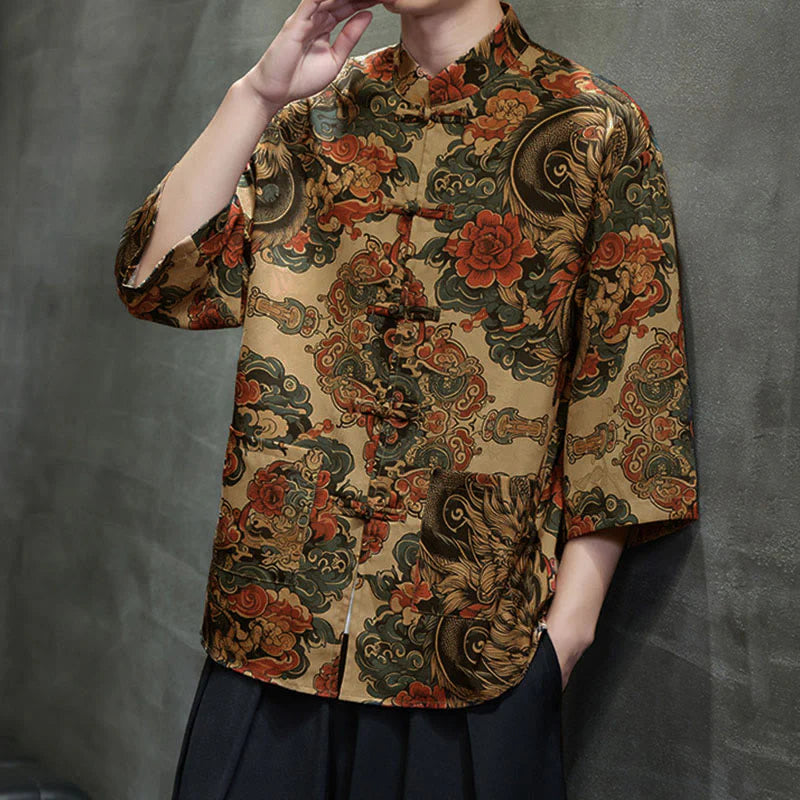 Buddha Stones Spring Frog-Button Dragon Mountain Flower Three Quarter Sleeve Tang Suit Men's Shirt With Pockets