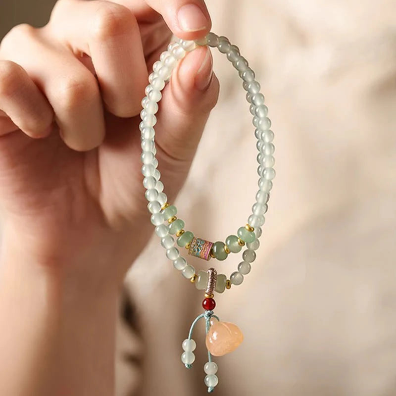 Buddha Stones Multiple Circles Natural Aventurine Glass Lotus Pods Lucky Bamboo Positivity Bracelet