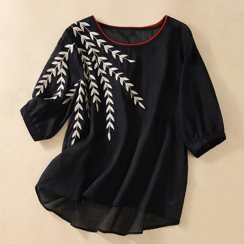 Buddha Stones Embroidery Leaves Women's Cotton Linen Half Sleeve T-shirt
