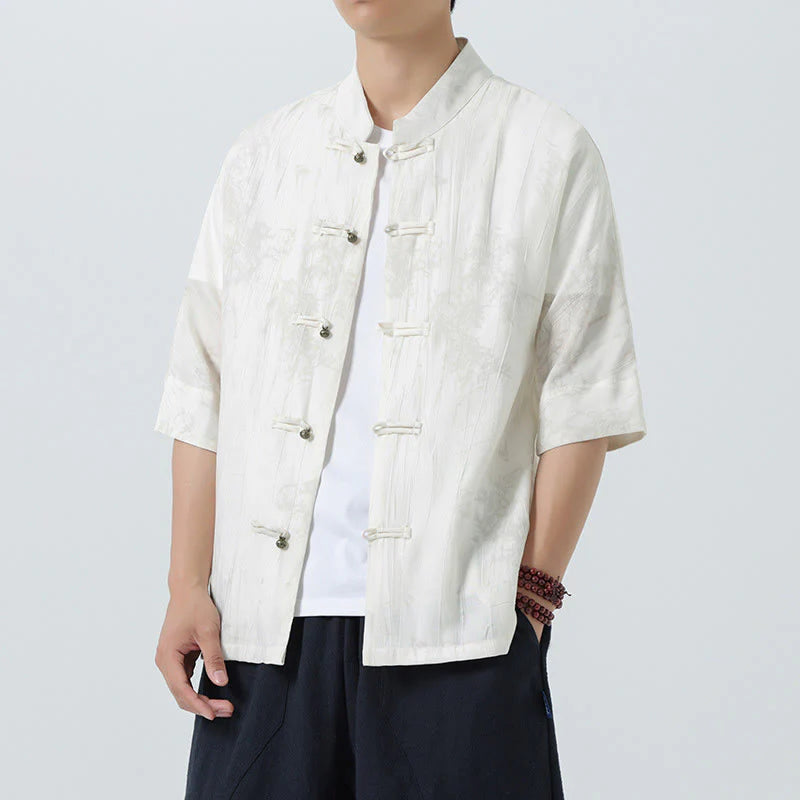Buddha Stones Summer Pine Needles Pattern Short Sleeve Frog-Button Design Men's Shirt