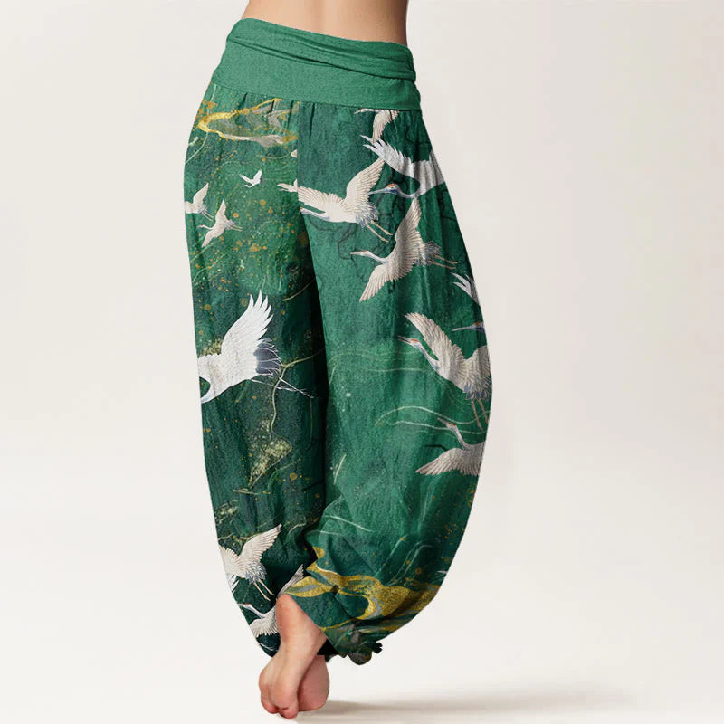 Buddha Stones Cotton Flying White Cranes Auspicious Clouds Design Women's Elastic Waist Harem Pants