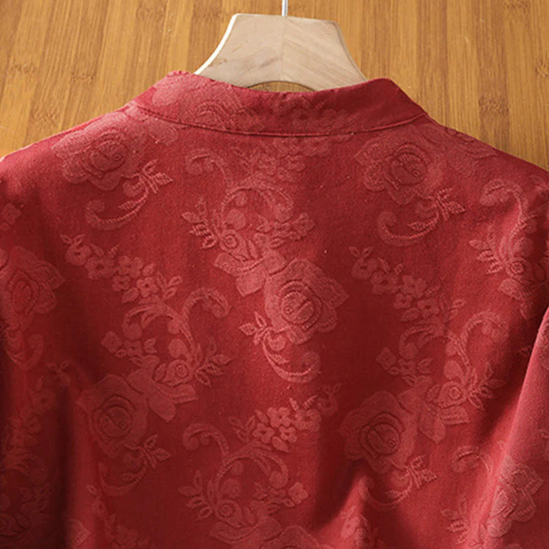 Buddha Stones Fall Jacquard Floral Print Frog-Button Stand Collar Long Sleeve Women's Cotton Shirt