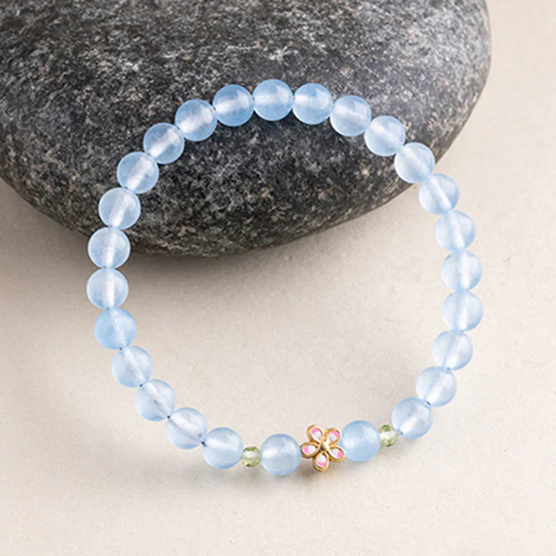 Buddha Stones Natural Aquamarine Gold-Plated Copper Flower Healing Bracelet