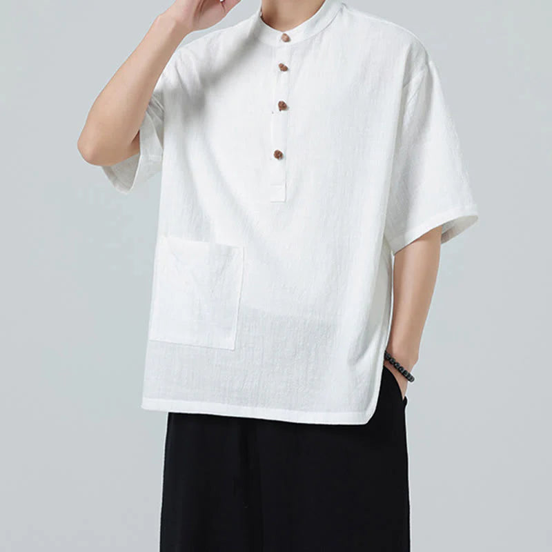 Buddha Stones Casual Half Frog-Button Design Stand Collar Tang Suit Men's Half Sleeve Cotton Shirt With Pocket