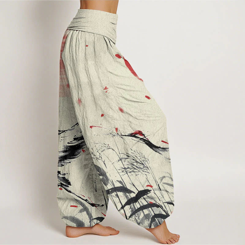 Buddha Stones Cotton Casual Red-crowned Reed Sun Crane Pattern Women's Elastic Waist Harem Pants