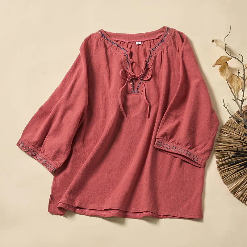 Buddha Stones Summer V-Neck Embroidery Lines Lace-up Cotton Women's Half Sleeve Shirt