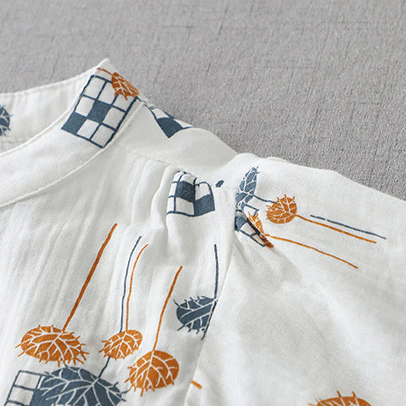Buddha Stones Printed Half Button DesignThree Quarter Gathered Sleeve Women's Cotton Shirt