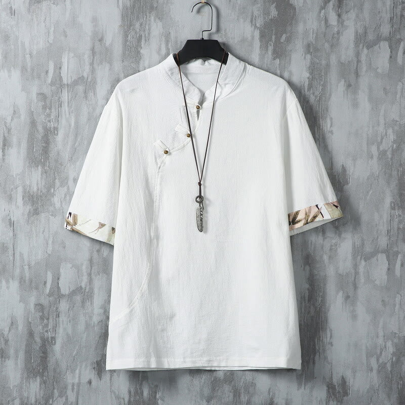 Buddha Stones Summer Chinese Frog-Button Printing Men's Plain Patchwork Half Sleeve Cotton Linen Shirt