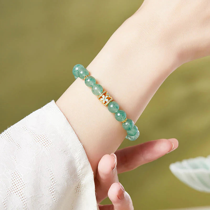 Buddha Stones 925 Sterling Silver Green Strawberry Quartz Flower Calm Bracelet