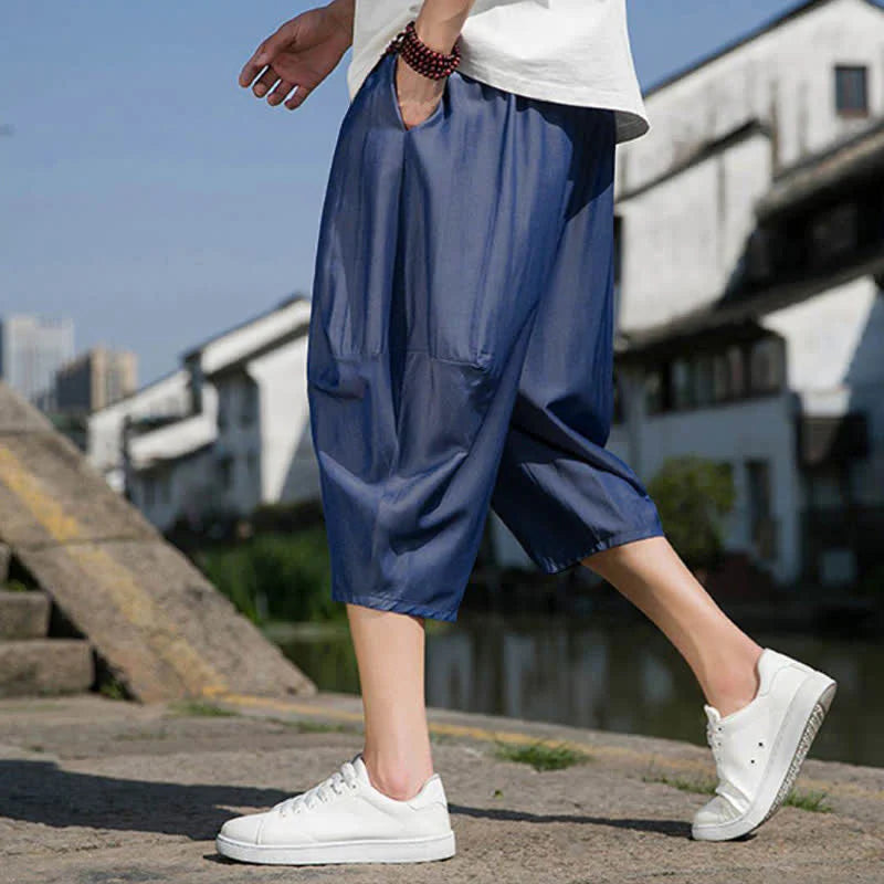 Buddha Stones Summer Elastic Waist Drawstring Solid Color Half Men's Tapered Pants With Pockets