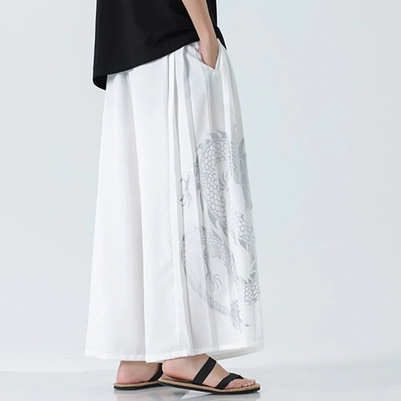 Buddha Stones Summer Dragon Drawstring Design Cotton Ankle-Length Men's Wide Leg Pants With Pockets