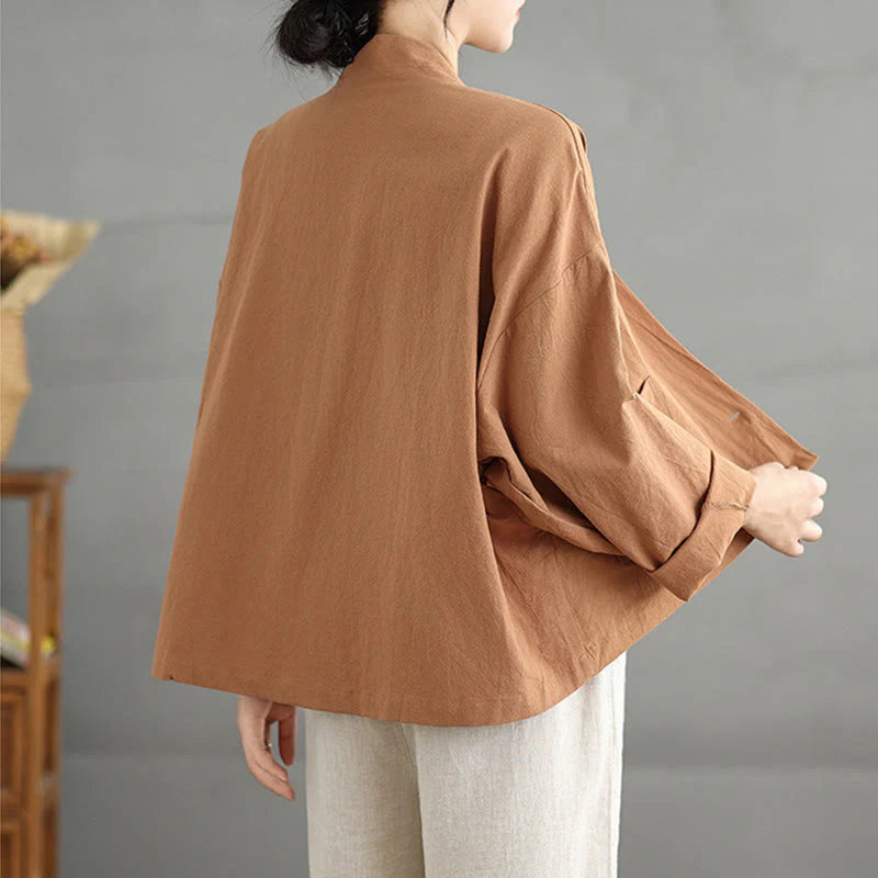 Buddha Stones Casual Vintage Plain Long Sleeve Open Front Cardigan Cotton Linen Jacket With Pockets