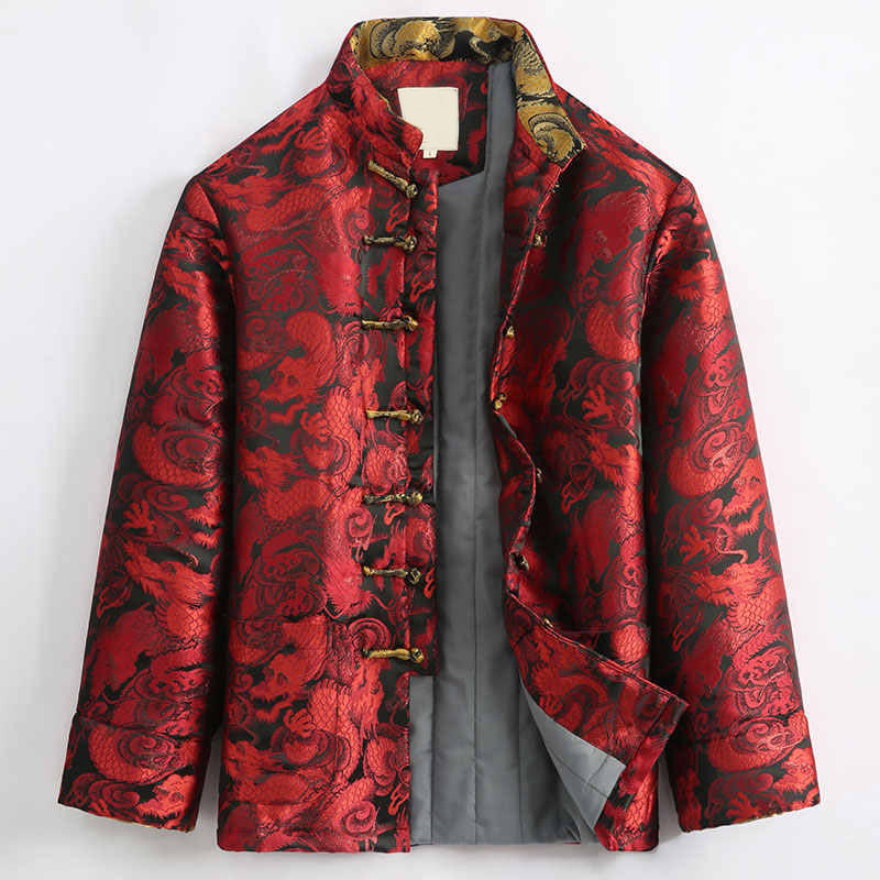 Buddha Stones Winter Dragon Jacquard Warm Frog-Button Long Sleeve Men's Jacket With Pockets
